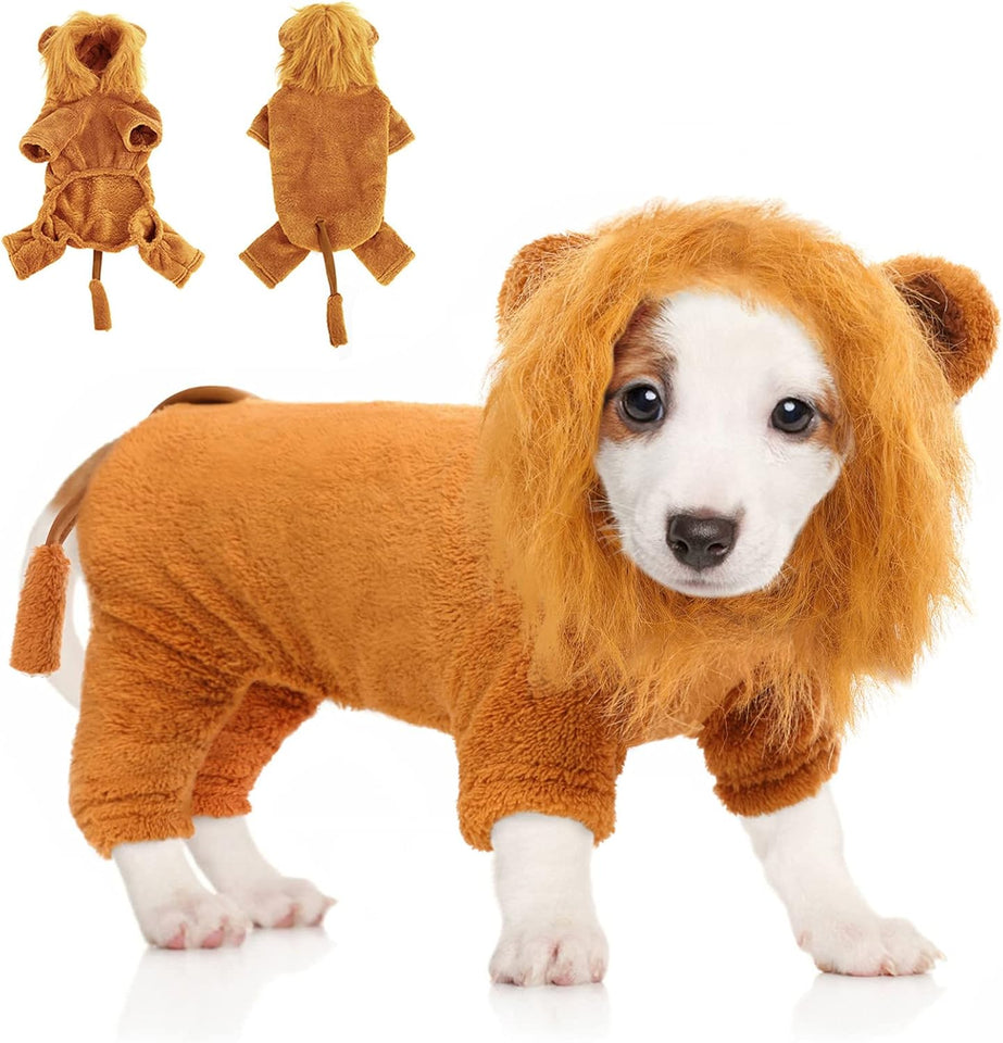 Dog Lion Costume, Halloween Pet Cosplay Outfits with Lion Mane Hood, Funny Cartoon Animal Jumpsuit Apparel Dressing Up, Warm Winter Fleece Puppy Coat Hoodie for Holiday Party