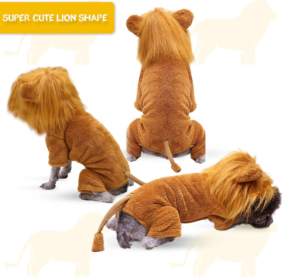 Dog Lion Costume, Halloween Pet Cosplay Outfits with Lion Mane Hood, Funny Cartoon Animal Jumpsuit Apparel Dressing Up, Warm Winter Fleece Puppy Coat Hoodie for Holiday Party