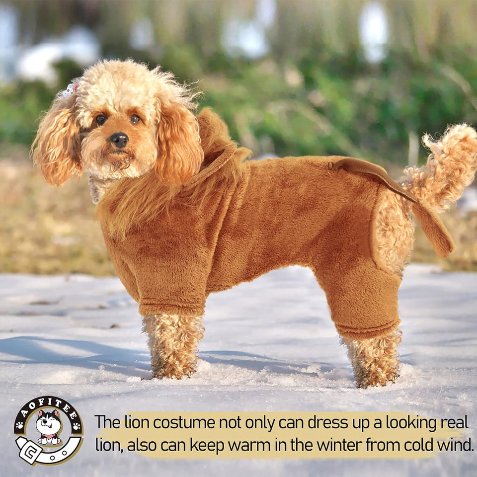 Dog Lion Costume, Halloween Pet Cosplay Outfits with Lion Mane Hood, Funny Cartoon Animal Jumpsuit Apparel Dressing Up, Warm Winter Fleece Puppy Coat Hoodie for Holiday Party