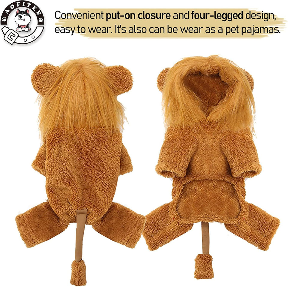 Dog Lion Costume, Halloween Pet Cosplay Outfits with Lion Mane Hood, Funny Cartoon Animal Jumpsuit Apparel Dressing Up, Warm Winter Fleece Puppy Coat Hoodie for Holiday Party