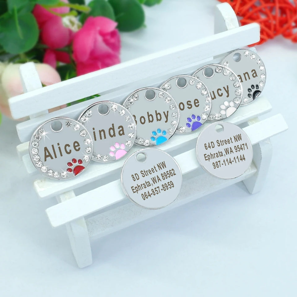 Personalized Dog Cat ID Tag Bling Rhinestone Puppy Kitten Name Tags