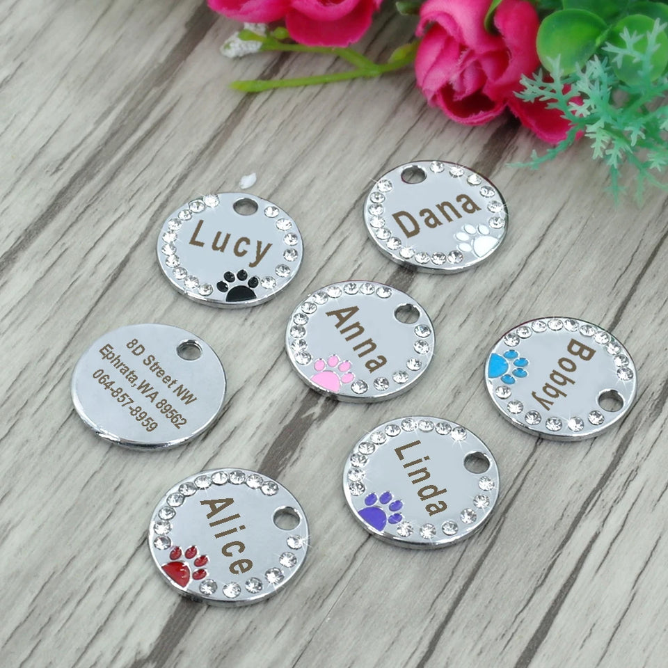 Personalized Dog Cat ID Tag Bling Rhinestone Puppy Kitten Name Tags