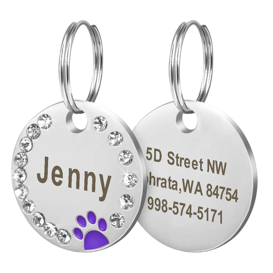 Personalized Dog Cat ID Tag Bling Rhinestone Puppy Kitten Name Tags