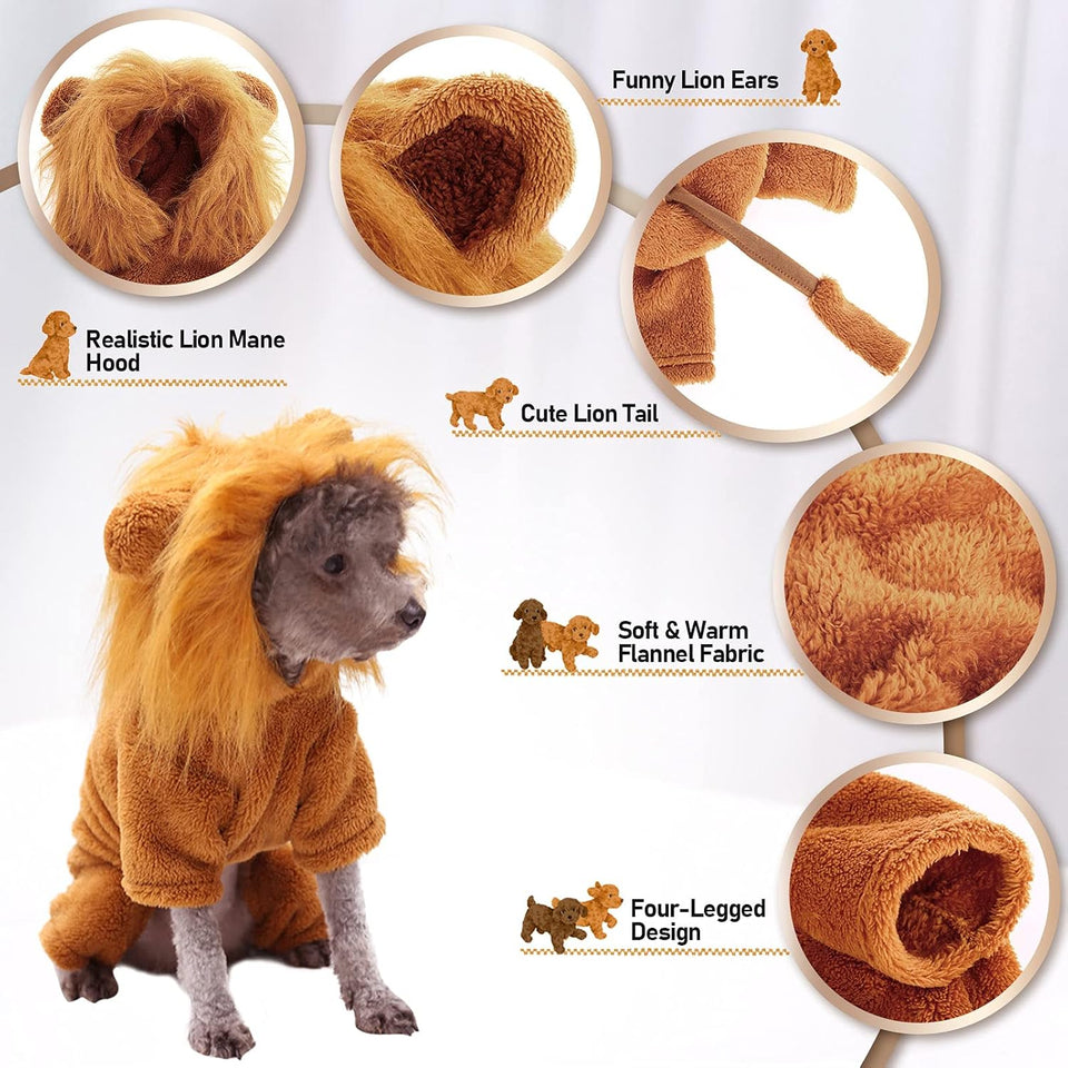 Dog Lion Costume, Halloween Pet Cosplay Outfits with Lion Mane Hood, Funny Cartoon Animal Jumpsuit Apparel Dressing Up, Warm Winter Fleece Puppy Coat Hoodie for Holiday Party